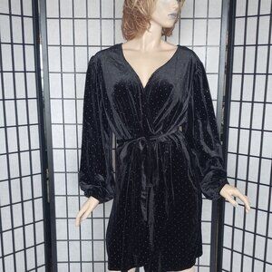 Nine West Plus Size 2X Black Velvet Faux Wrap Dress Silver Studs Tie Belt